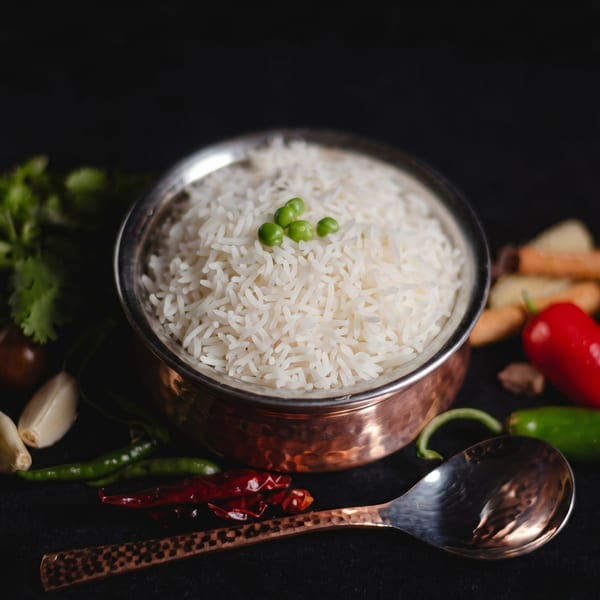 White rice with green peas in a copper bowl, surrounded by spices, peppers, and garlic.